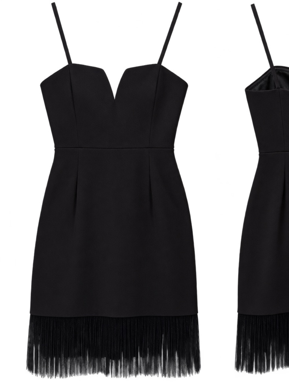 Aidan Mattox Black Spaghetti Strap Mini Dress with Fringe Hem